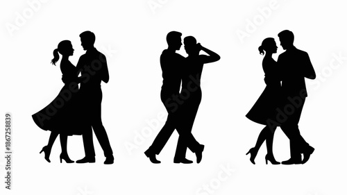 a series of black silhouette figures depicts couples intimately dancing showcasing various poses and graceful movements in a minimalist style high quality professional detailed modern elegant