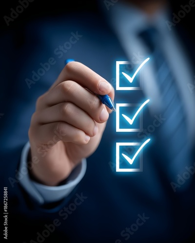 Quality control concept, Organisation checklist validation document for business approval with management, practice, approval, policy, quality