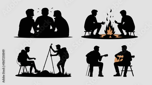 a collection of silhouetted scenes depicting outdoor activities like camping hiking and enjoying music around a campfire at dusk high quality professional detailed modern elegant stylish