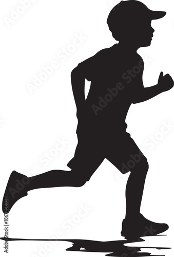 Silhouette of a running boy wearing a cap isolated on white background.