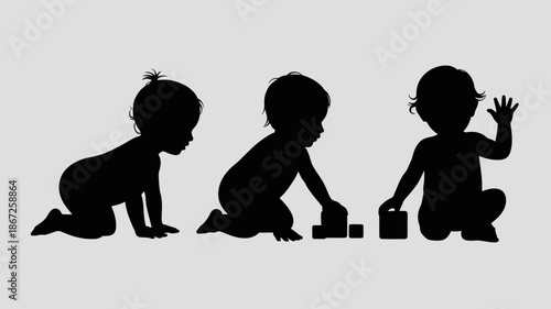 three silhouetted figures of a baby progressing through stages of development crawling sitting and reaching for a building block high quality professional detailed modern elegant stylish