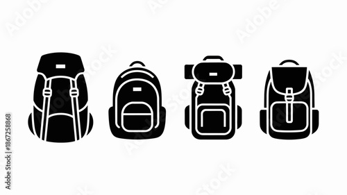 a collection of four distinct black silhouette icons depicting varied styles of backpacks and bags for travel or daily use high quality professional detailed modern elegant