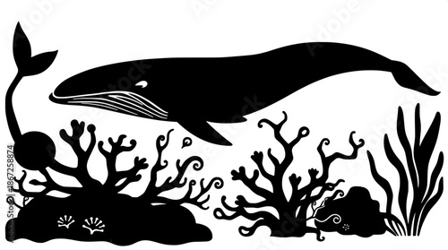 Marine life flat silhouettes in a black vector illustration style featuring a large whale with a rounded body and curved tail, an octopus with intricate tentacles, coral with wavy branches, and flowin