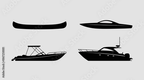 a simple illustration displays silhouettes of various watercraft including a canoe a kayak a small boat and a larger motorboat high quality professional detailed modern elegant