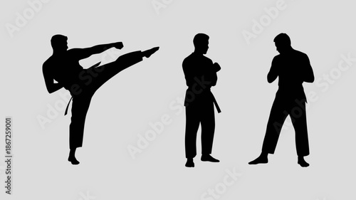 a striking visual depiction of three silhouettes engaged in martial arts practice showcasing dynamic poses and focused stances against a neutral background high quality professional detailed