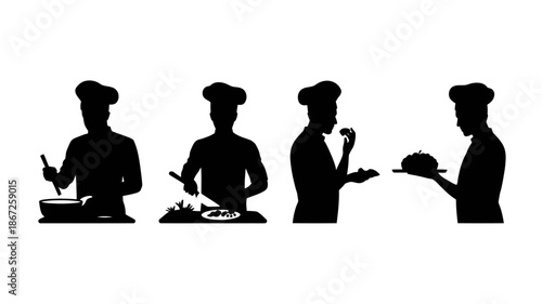 a silhouette representation depicts five chefs engaged in various culinary activities showcasing the art of cooking and kitchen expertise high quality professional detailed modern elegant stylish