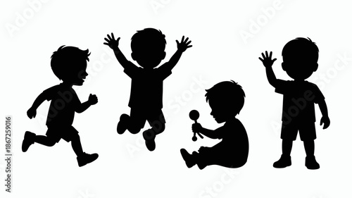 a collection of black silhouette figures depicting children in various playful poses including running jumping and sitting with a toy high quality professional detailed modern elegant