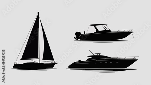 a striking silhouette composition showcases a sailboat and two motorboats resting peacefully on a calm reflective water surface suggesting leisure high quality professional detailed modern elegant