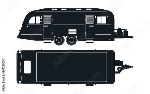 Isolated mobile house silhouette. Top and side views of the trailer. Family van blueprint. Modern campervan drawing. Vintage portable wagon template