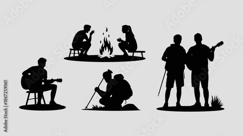 a serene illustration depicts silhouetted figures enjoying outdoor activities such as a campfire playing guitar and tending to a fire creating a peaceful scene high quality