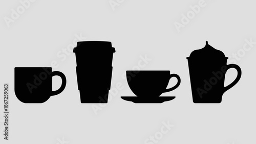 a minimalistic arrangement showcases four distinct black silhouettes of beverage containers including a cup travel mug tea cup and a teapot high quality professional detailed modern