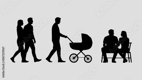 a minimalist silhouette depicts a family s journey through life stages showing a couple a man with a stroller and an elderly pair high quality professional