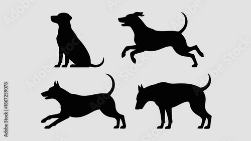 a minimalist depiction of four canine silhouettes captures the essence of dog breeds in various dynamic poses against a neutral backdrop high quality professional detailed modern