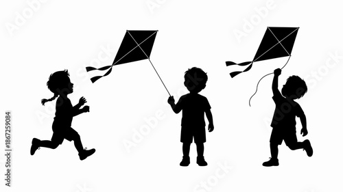 a simple black silhouette illustration depicts three children joyfully running and flying kites in an open carefree outdoor setting high quality professional detailed modern elegant stylish