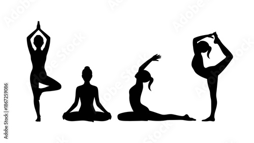 a silhouette illustration depicts four distinct yoga poses showcasing flexibility balance and mindful movement in a minimalist design high quality professional detailed modern elegant stylish clean