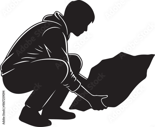 Silhouette of Man Crouching and Lifting Rock or Stone Vector Illustration