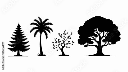 a striking black and white illustration showcases four distinct tree silhouettes varying in shape and foliage density creating a serene natural scene high quality professional detailed