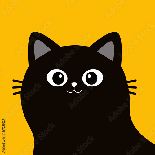 Cute cartoon peeking cat head face. Looking from the corner. Kawaii baby character. Black kitten animal. Pet collection. Flat design. Childish style. Sticker print. Isolated. Yellow background. Vector