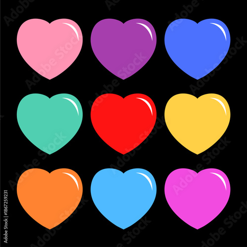 Colorful heart icon set. Happy Valentines day. Different color. Love sign symbol simple template. Greeting card. Decoration element. Square composition. Flat design. Black background. Vector