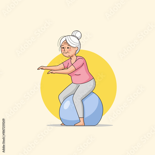 Elderly woman exercising on balance ball with a joyful expression, copy space