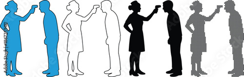 Temperature check with noncontact infrared thermometer, silhouettes of medical professional and patient, various styles