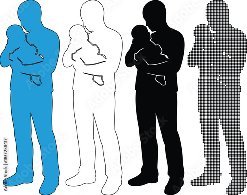 Father holding baby silhouette set in four styles blue fill, outline, solid black, and patterned black