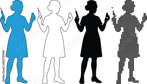 Set of four stylized female nurse silhouettes holding syringes and vials in different graphic styles