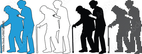 Set of silhouettes showing caregiver assisting elderly person with cane, different styles
