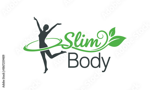 Elegant Slim Body Logo Design. Dynamic Female Silhouette with Hula Hoop and Green Leaves for Fitness, Wellness and Weight Loss Brands.