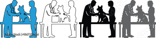 Veterinarian examining a dog with an assistant or owner present, shown in multiple graphic styles including blue silhouette, outline, black silhouette, and halftone pattern