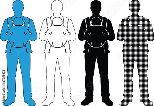 Father carrying baby in baby carrier silhouettes in blue, , black, and pixelated styles