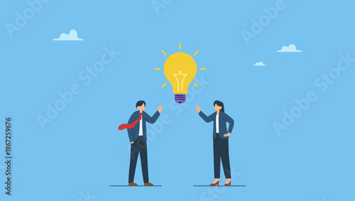 Businessman and businesswoman thinking with bright lightbulb idea. Bright idea to solve problem, business team brainstorm or thinking about new innovative idea, creativity or imagination.