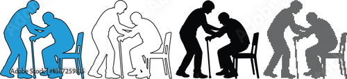 Caregiver assisting elderly person with cane, set of icons showing different styles blue silhouette, outline, and black silhouette