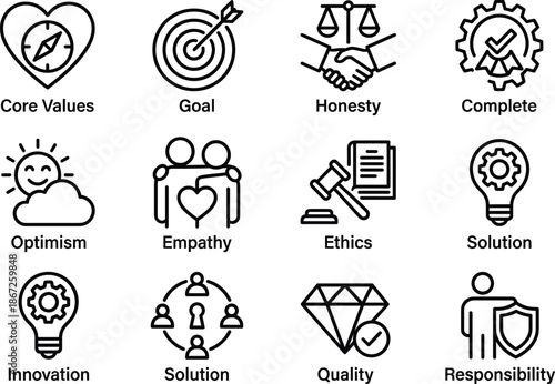 Core values and ethics icons set, professional principles and character traits for business, education, leadership, teamwork, integrity