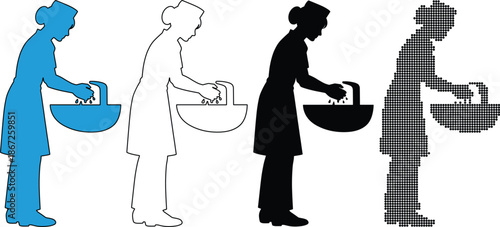 Set of four silhouettes of a nurse washing hands in a sink, in different styles blue fill, outline, solid black, and checkered pattern