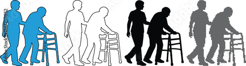 Caregiver assisting elderly person with walker, multiple styles illustration set
