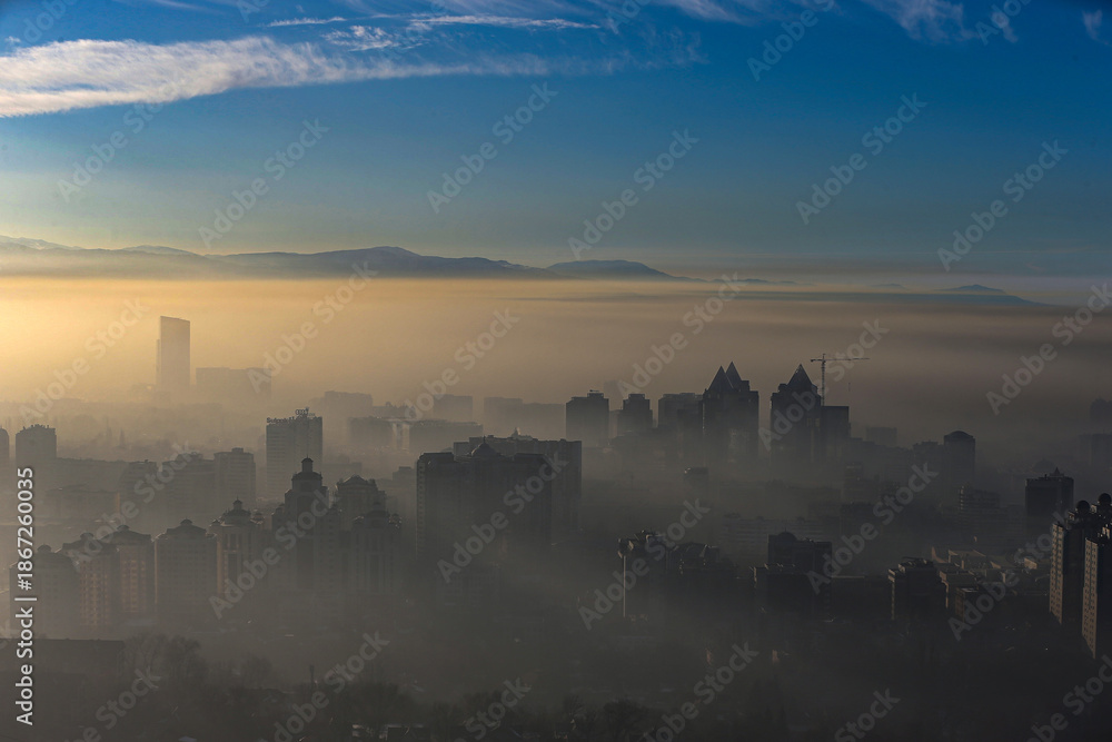 Naklejka premium Heavy smog and fog in Almaty, Kazakhstan.