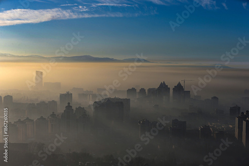 Heavy smog and fog in Almaty, Kazakhstan.