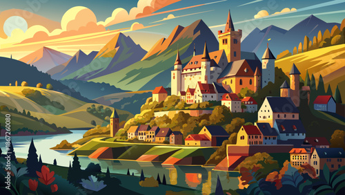 Very beautiful fairytale view of medieval castles above the Mosel River valley in Cochem, Germany, surrounded by vineyards and rolling hills, capturing storybook charm and romantic scenery.