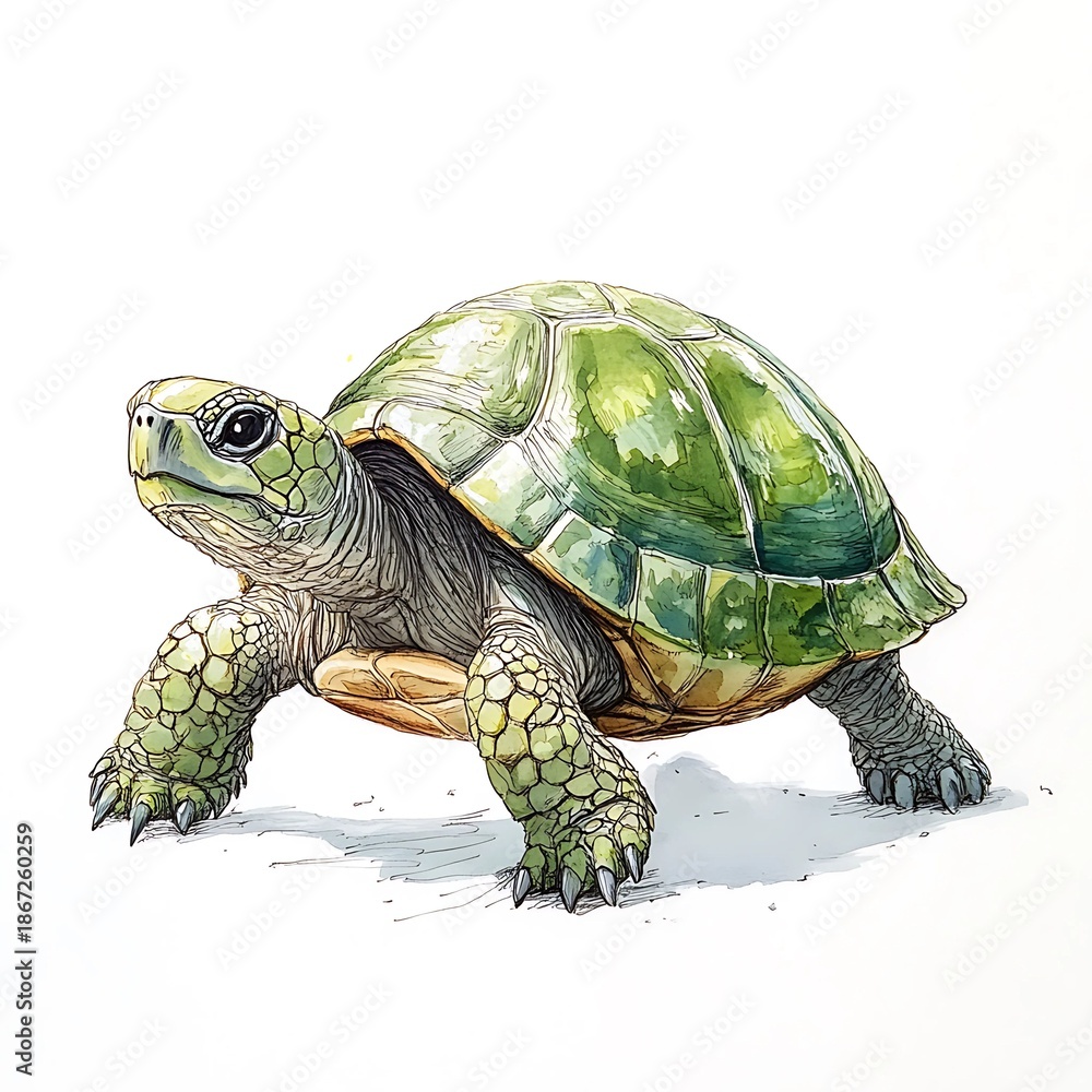 Fototapeta premium Watercolor large green turtle on white background, hand-painted cute and whimsical illustration for kids, nursery decor, educational and digital projects.