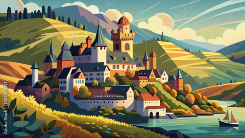 Very beautiful fairytale view of medieval castles above the Mosel River valley in Cochem, Germany, surrounded by vineyards and rolling hills, capturing storybook charm and romantic scenery.