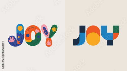 a vibrant and colorful graphic design featuring the word joy stylized with abstract floral and geometric elements in a playful composition high quality professional detailed modern