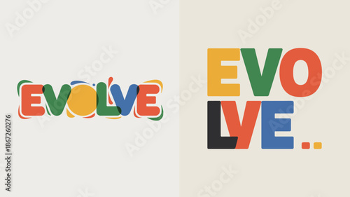 a split composition showcasing the word evolve in two distinct colorful arrangements one with a green border and one without high quality professional detailed modern elegant