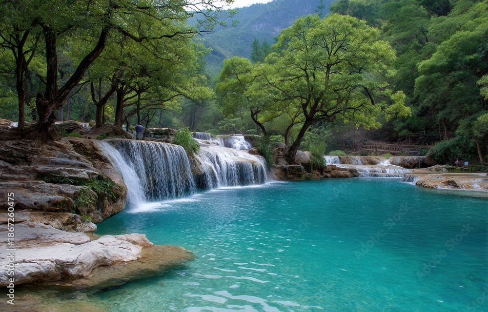 Fototapeta premium waterfalls in the jungle, a spectacular view with lush greenery