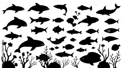Marine life black silhouette symbols of various underwater animals such as dolphins, whales, and fish, along with plants like coral and seaweed, in a flat vector illustration style, with intricate det