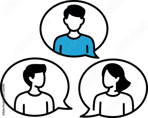 Three stylized faceless people in speech bubbles, representing communication, discussion, or a group conversation online or in person