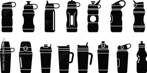 bottle, bottles, tumbler, tumblers, flask, flasks, canteen, canteens, shaker, shakers, mug, mugs, thermos, drinkware, hydration, container, containers, silhouette, silhouettes, icon