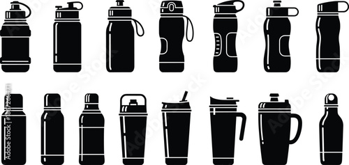 Bottle, Waterbottle, Hydration, Drinkware, Flask, Thermos, Tumbler, Mug, Cup, Container, Beverage, Portable, Fitness, Sport, Travel, Outdoor, Reusable, Silhouette, Vector, Icon