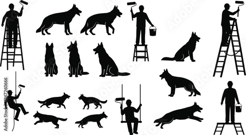 dog, dogs, canine, shepherd, german, pet, animal, animals, workingdog, guarddog, training, silhouette, painter, worker, ladder, maintenance, action, motion, domestic, security