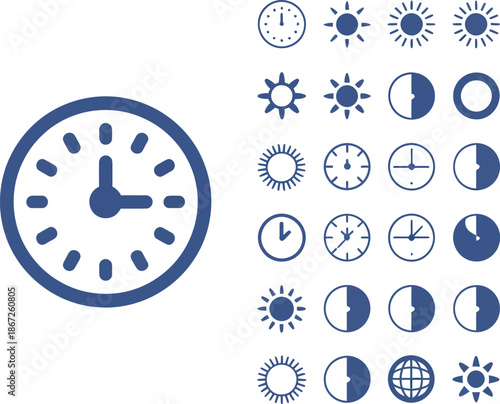 Set of various time icons featuring analog clock face sun symbols representing day and night phases along with time zones perfect for web design application interfaces and scheduling concepts